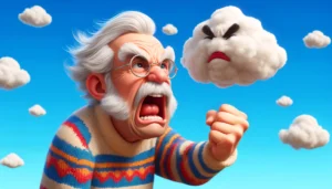 Cartoon image of an elderly man with white hair and a bushy mustache, wearing a colorful sweater. He is comically frustrated, shaking his fist at a fluffy cloud above him against a clear blue sky. His expression is exaggerated, depicting humor in his frustration.