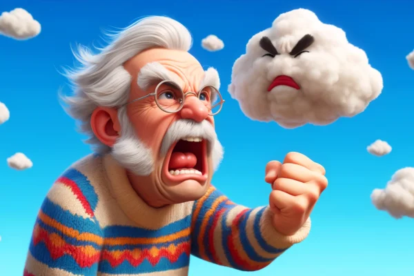 Cartoon image of an elderly man with white hair and a bushy mustache, wearing a colorful sweater. He is comically frustrated, shaking his fist at a fluffy cloud above him against a clear blue sky. His expression is exaggerated, depicting humor in his frustration.