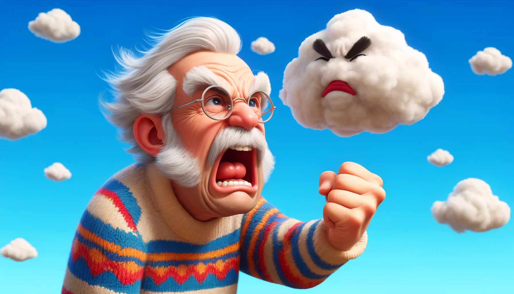 Cartoon image of an elderly man with white hair and a bushy mustache, wearing a colorful sweater. He is comically frustrated, shaking his fist at a fluffy cloud above him against a clear blue sky. His expression is exaggerated, depicting humor in his frustration.