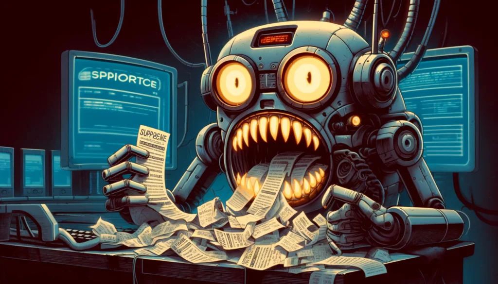 Cartoonish image of an angry robot causing chaos, humorously depicted with large glowing eyes and mechanical jaws crunching on paper support tickets. The background features scattered papers and flickering digital screens in a dark yet comical setting. (image created with Dall-E 3)