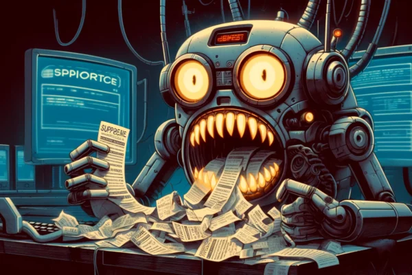 Cartoonish image of an angry robot causing chaos, humorously depicted with large glowing eyes and mechanical jaws crunching on paper support tickets. The background features scattered papers and flickering digital screens in a dark yet comical setting. (image created with Dall-E 3)