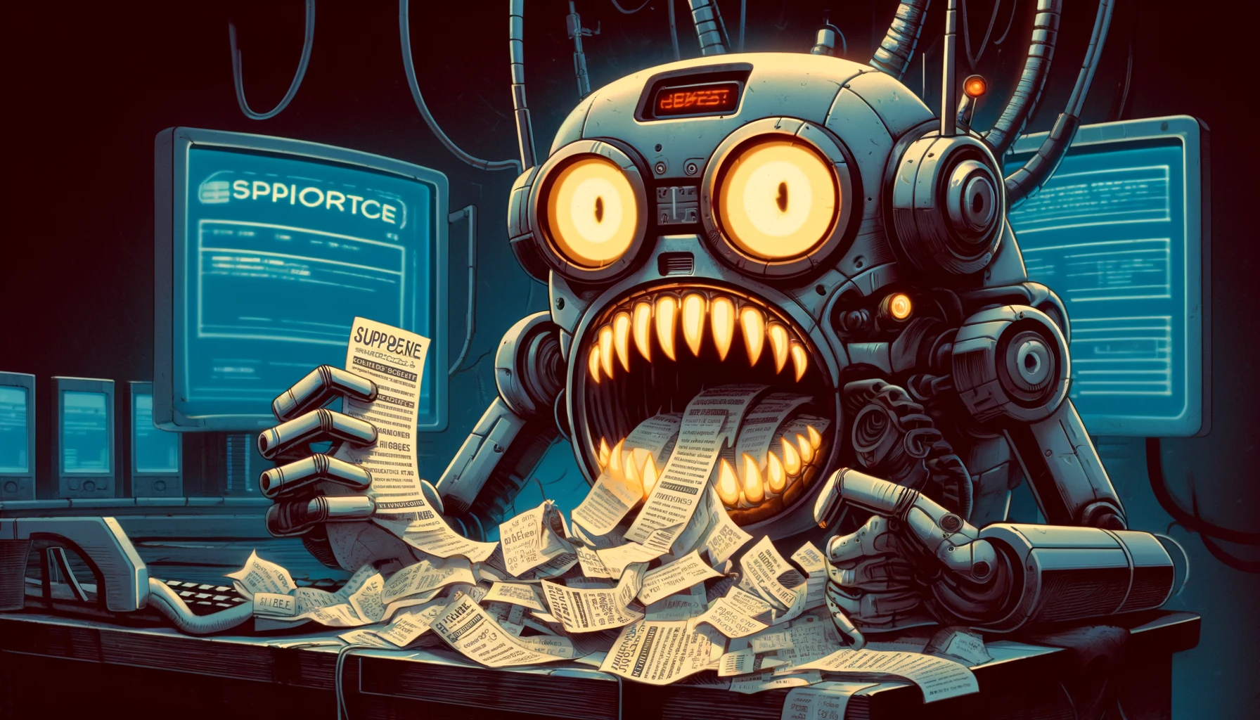 Cartoonish image of an angry robot causing chaos, humorously depicted with large glowing eyes and mechanical jaws crunching on paper support tickets. The background features scattered papers and flickering digital screens in a dark yet comical setting. (image created with Dall-E 3)