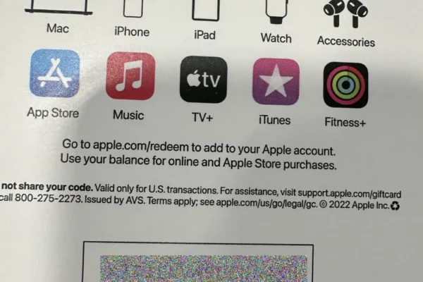 The image shows an Apple Gift Card, specifically designed for purchasing Apple products and services. The top section of the card displays the Apple logo followed by the text "Gift Card" and "For all things Apple". Below this, a series of icons represent Apple products and services such as Mac, iPhone, iPad, Watch, Accessories, App Store, Music, TV+, iTunes, and Fitness+. The card instructs to visit a website for redemption and notes the card's usage for online and Apple Store purchases. A barcode and a series of obscured numbers (for security) are visible towards the bottom. The footer provides a customer service number and legal information, dated 2022, affirming Apple Inc.'s copyright.