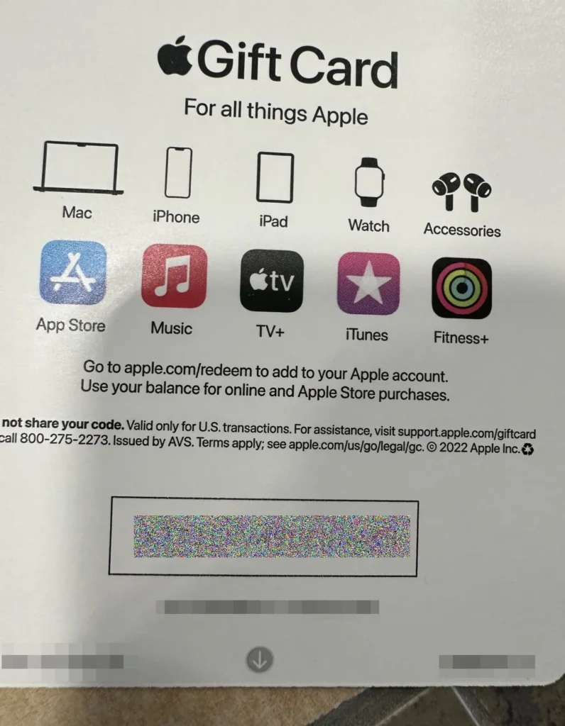 The image shows an Apple Gift Card, specifically designed for purchasing Apple products and services. The top section of the card displays the Apple logo followed by the text "Gift Card" and "For all things Apple". Below this, a series of icons represent Apple products and services such as Mac, iPhone, iPad, Watch, Accessories, App Store, Music, TV+, iTunes, and Fitness+. The card instructs to visit a website for redemption and notes the card's usage for online and Apple Store purchases. A barcode and a series of obscured numbers (for security) are visible towards the bottom. The footer provides a customer service number and legal information, dated 2022, affirming Apple Inc.'s copyright.