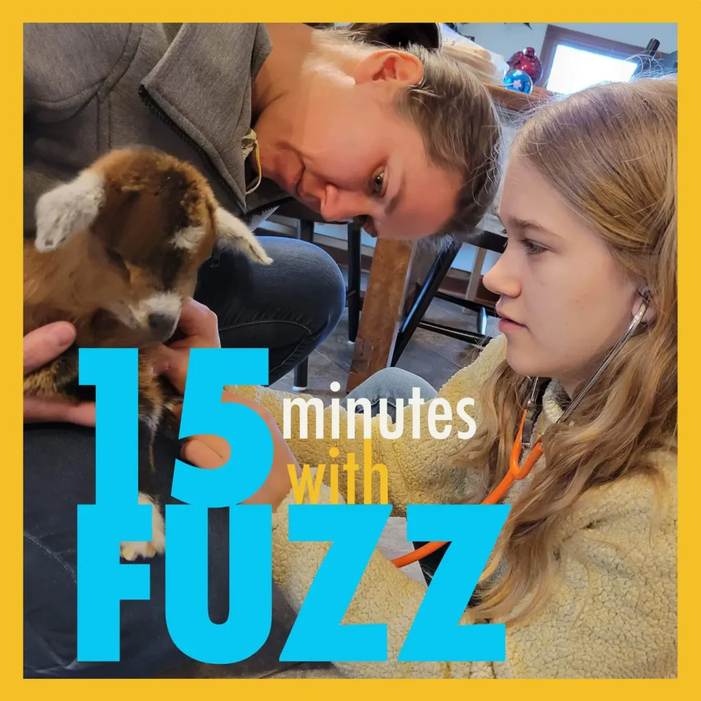 A mom and her daughter working with a goat. The words "15 minutes with Fuzz" in front.