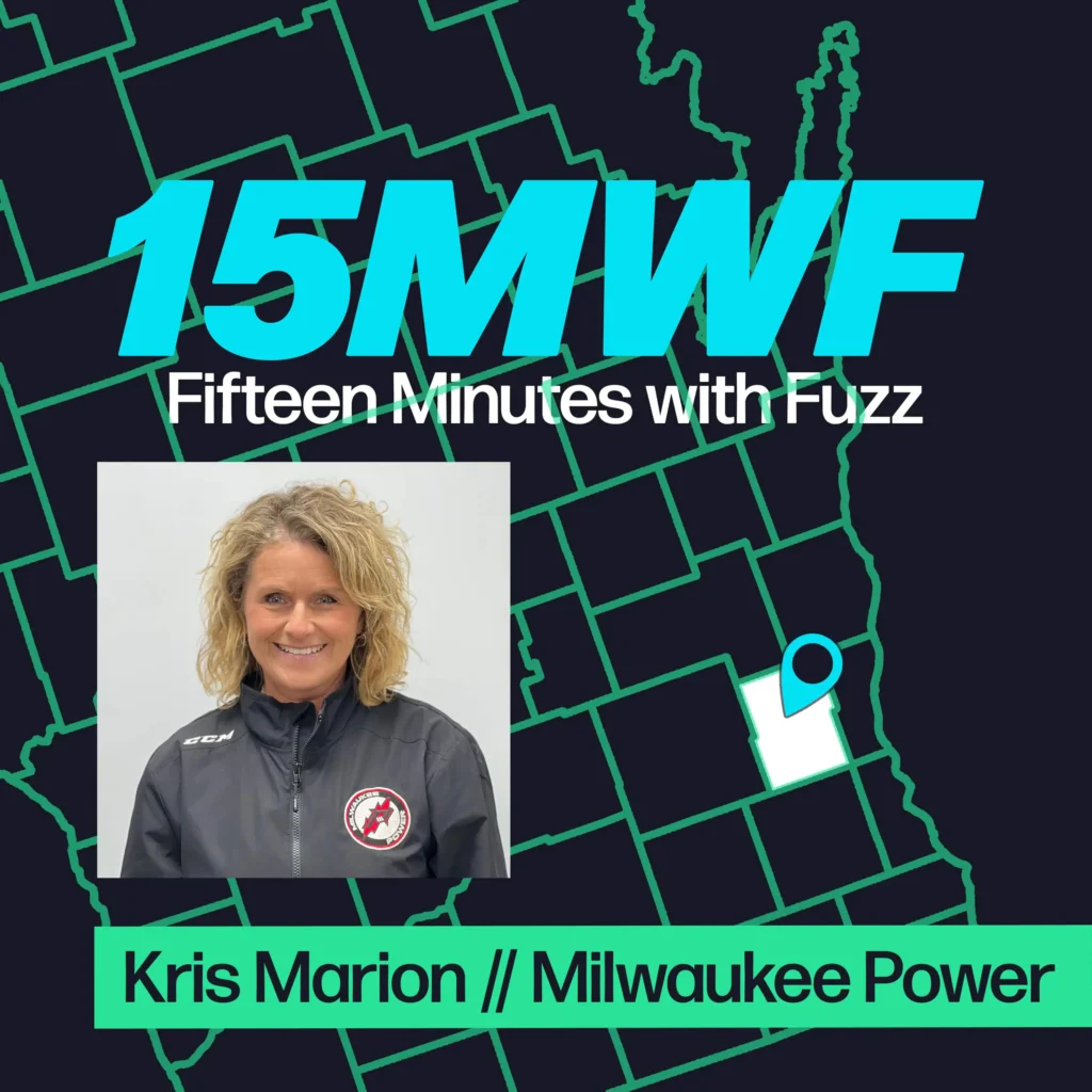 A modern design featuring the text “15MWF” in bold, bright turquoise letters at the top. Below it, the full name “Fifteen Minutes with Fuzz” is written in white. The background includes a map outline in green, with a highlighted area pinpointed in white and blue, indicating a specific location. At the bottom, there is a rectangular photo of a woman with curly blonde hair, smiling, and wearing a black jacket with a logo on it. Below her photo, the text “Kris Marion // Milwaukee Power” is displayed in green on a black strip.