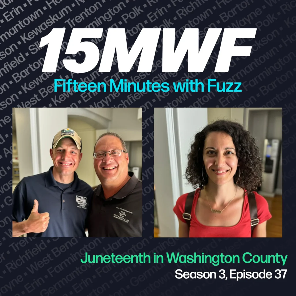 15MWF - Fifteen Minutes with Fuzz podcast cover art for Season 3, Episode 37 titled ‘Juneteenth in Washington County.’ The background features names of various locations within Washington County, emphasizing the local focus of the podcast. The image includes two photos: on the left, two smiling men standing side by side, one giving a thumbs-up; on the right, a smiling woman with curly hair wearing a red top.