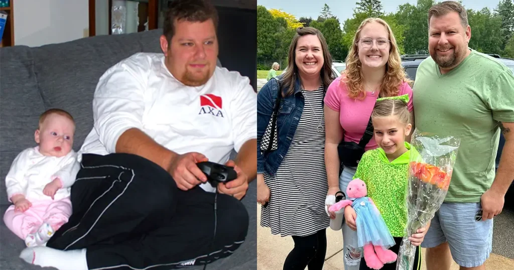 Left: An old photo of a younger Fuzz Martin sitting on a couch, holding a video game controller with his eldest daughter, a baby at the time, sitting beside him. Right: A recent photo of Fuzz Martin with his family. From left to right: Fuzz’s wife, his eldest daughter, and his youngest daughter, who is holding flowers and a stuffed toy, all smiling together outdoors.
