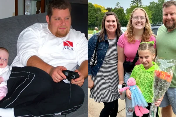 Left: An old photo of a younger Fuzz Martin sitting on a couch, holding a video game controller with his eldest daughter, a baby at the time, sitting beside him. Right: A recent photo of Fuzz Martin with his family. From left to right: Fuzz’s wife, his eldest daughter, and his youngest daughter, who is holding flowers and a stuffed toy, all smiling together outdoors.