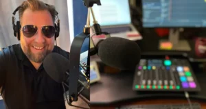 A split-image featuring a person wearing sunglasses and headphones, speaking into a microphone on the left side, smiling at the camera. On the right side, there is a close-up of podcasting equipment, including a microphone, a mixer with colorful buttons, and a computer screen in the background.