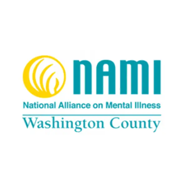 NAMI National Alliance on Mental Illness Washington County logo with a yellow circular design next to the acronym NAMI and the full written out title below.