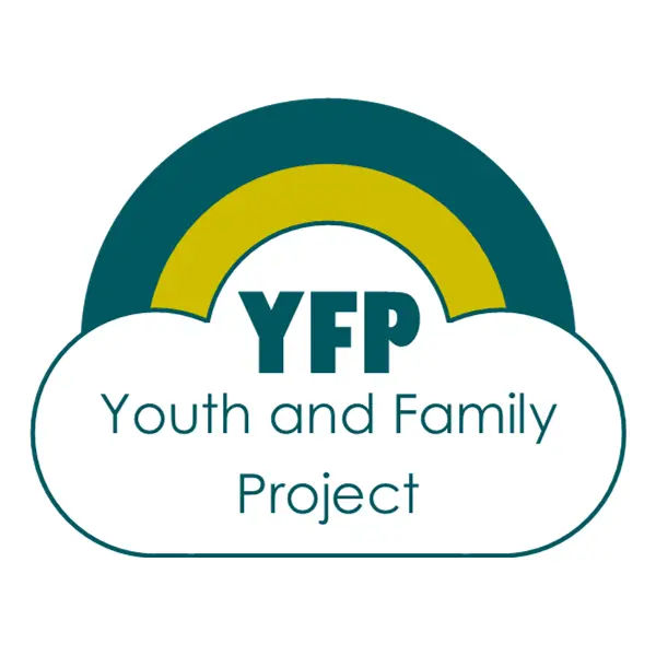 Youth and Family Project logo featuring a cloud with a rainbow above it. The letters YFP are on top of the cloud with Youth and Family Project below them.