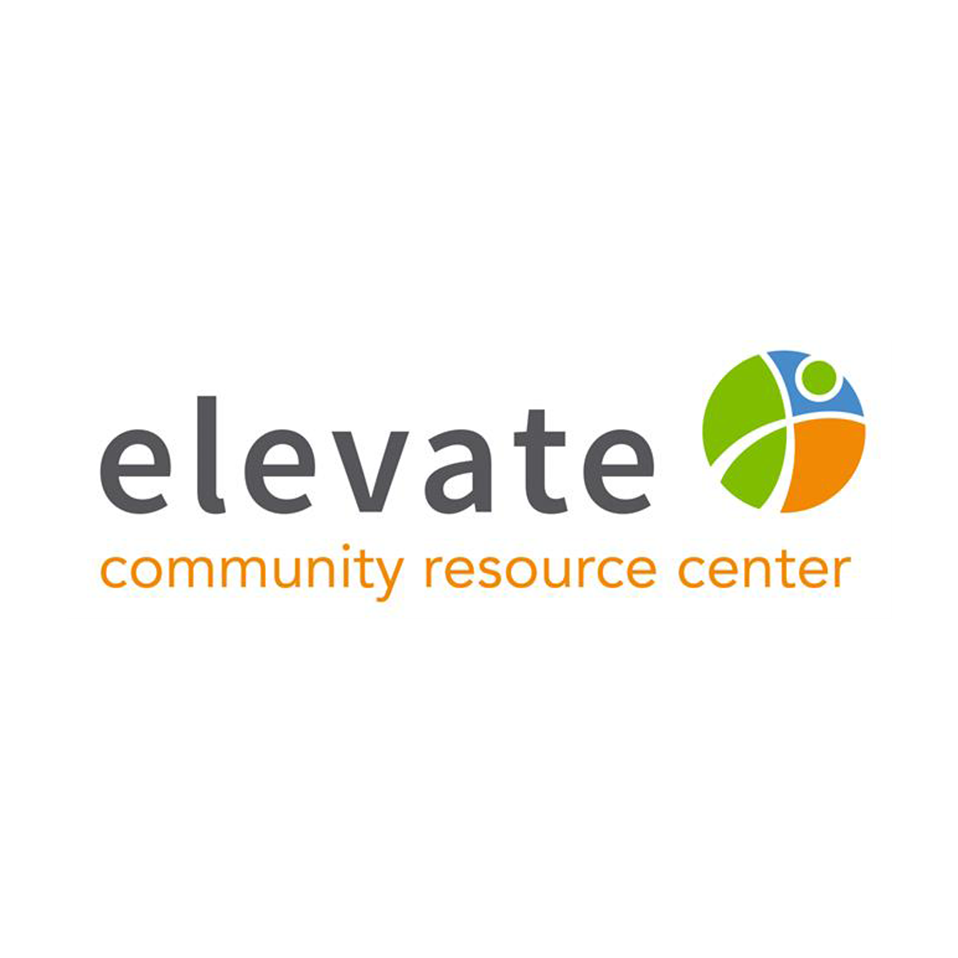 Elevate logo. Elevate Community Resource Center. Circular colorful graphic on right.