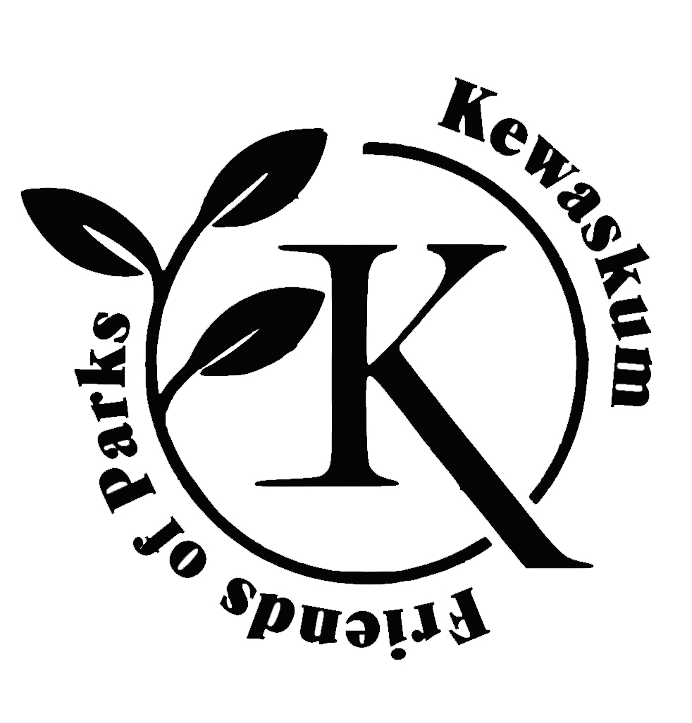 Black and white logo for "Kewaskum Friends of Parks." The design features a large letter "K" in the center, encircled by a ring with two small leaves branching out on the left side. The text "Kewaskum" curves along the top right of the circle, and "Friends of Parks" curves along the bottom left, creating a balanced, circular layout.